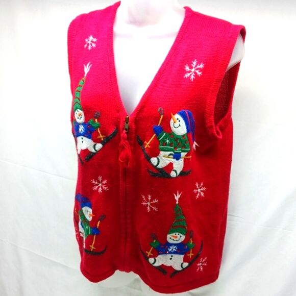 Bobbie Brooks Skiing Snowman & Snowflake Knit Zip-Up Vest Red Embellished Large. - Picture 2 of 11